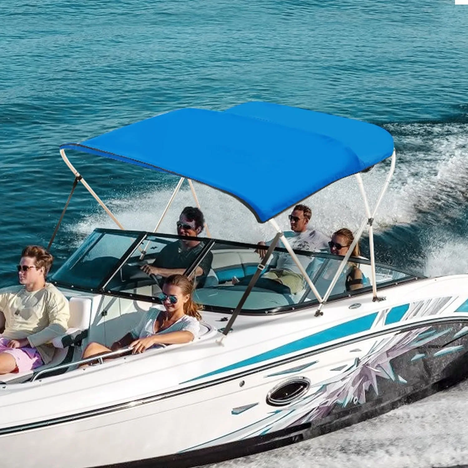 VEVOR 3 Bow Bimini Top Boat Cover, 600D Polyester Canopy with 1" Aluminum Alloy Frame, Waterproof and Sun Shade, Includes Storage Boot, 2 Support Poles, 4 Straps, 6'L x 46"H x 54"-60"W, Pacific Blue