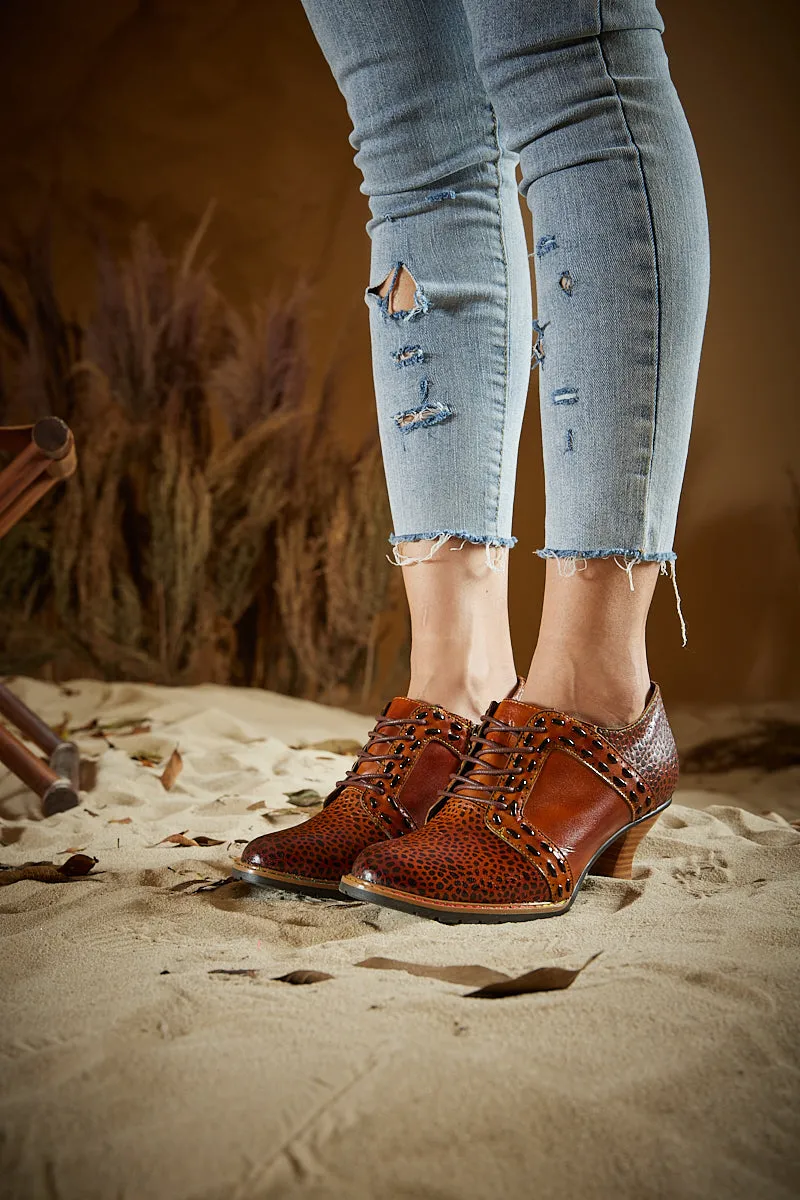Vicconfy | Veronika Crack Patterned Leather Oxford - Brown
