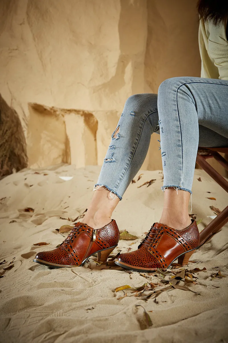 Vicconfy | Veronika Crack Patterned Leather Oxford - Brown