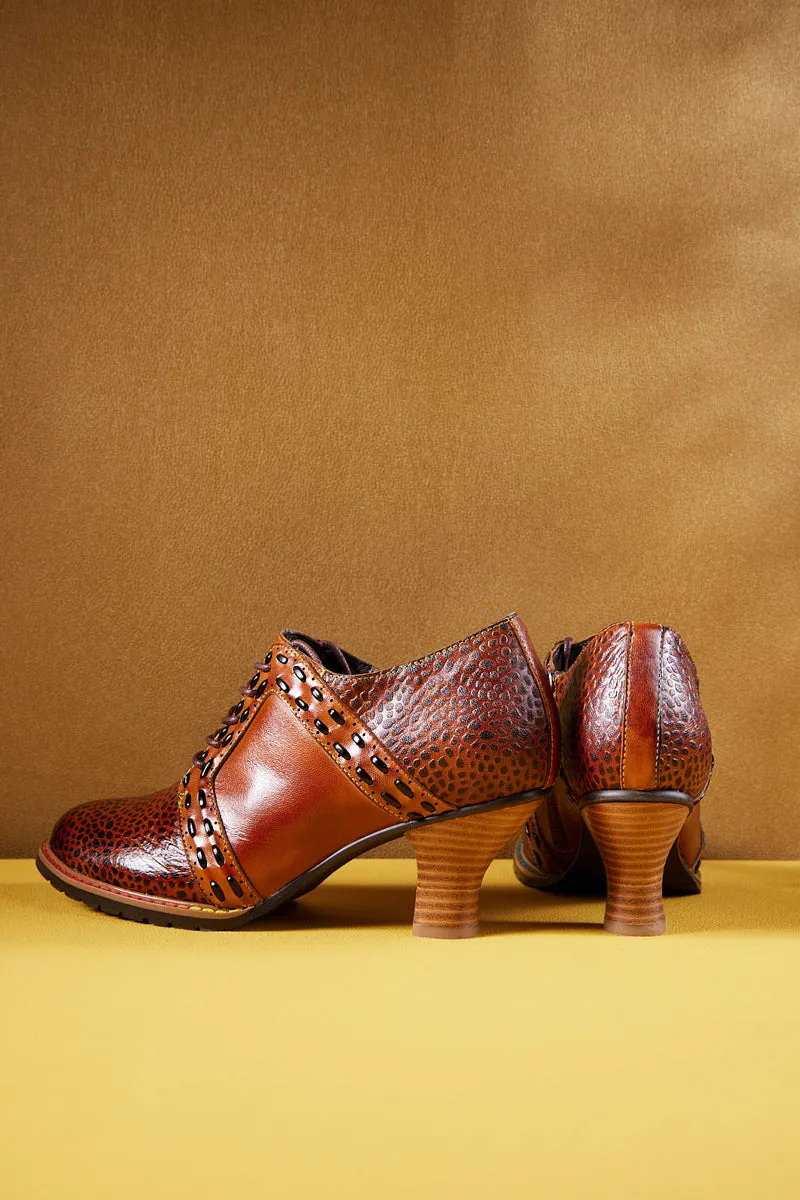 Vicconfy | Veronika Crack Patterned Leather Oxford - Brown