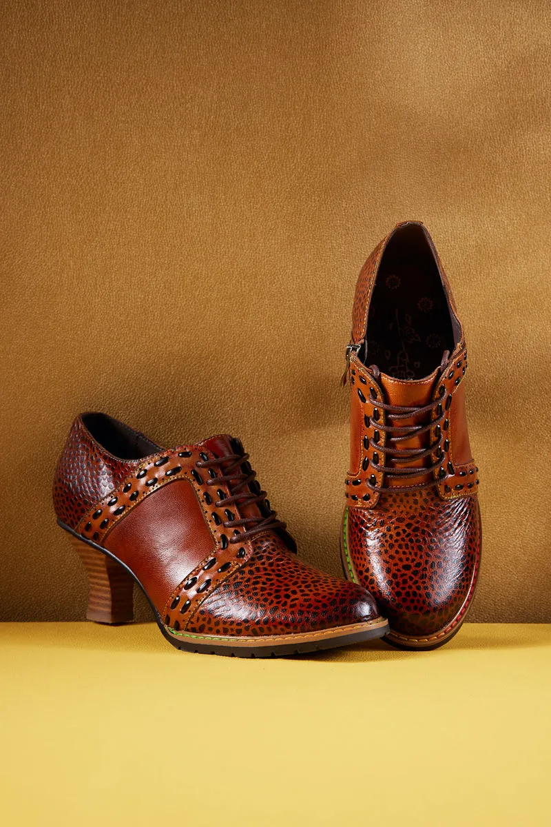 Vicconfy | Veronika Crack Patterned Leather Oxford - Brown