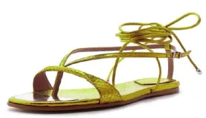 Vikki Schutz Exclusive collection T-Strap Sandal Green Yellow Lace Flat High-demand Toe Ankle Flat Strap up Open