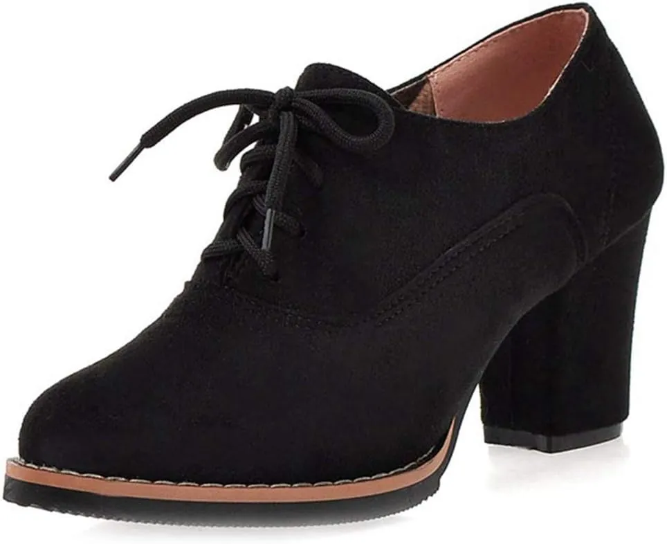 VOKLIN Women's Lace Up Pump Oxfords Shoes Fashion Suede Round Toe Comfort Chunky Mid Heels Dress Ankle Boots