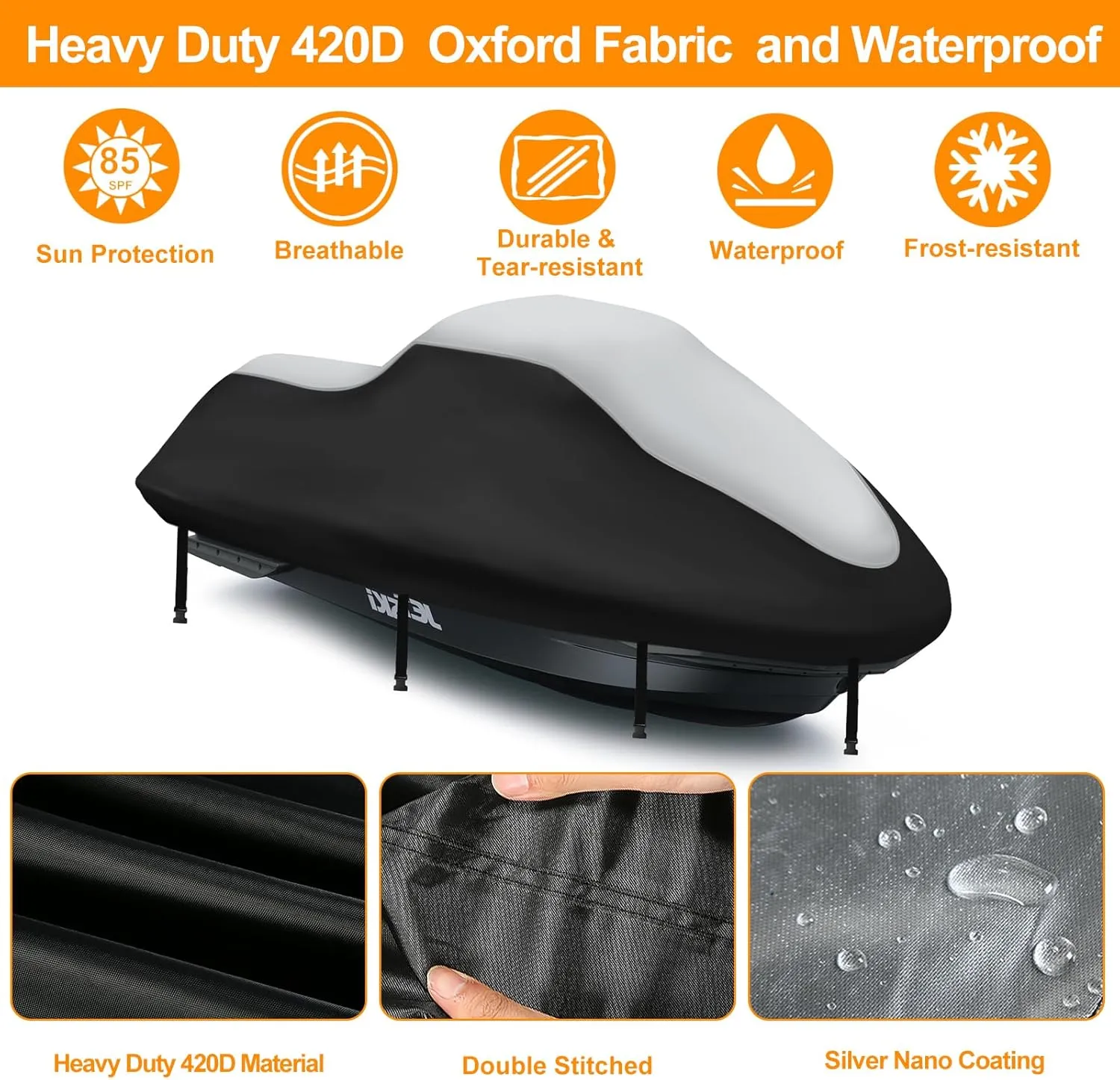 Waterproof Jet Ski Covers,Upgraded 420D Heavy Duty Motorboat Cover,2 Air Vent Marine Grade UV Resistant for Seadoo,Kawasaki,Waverunner Polaris from 126" to 135"(Silver Black)