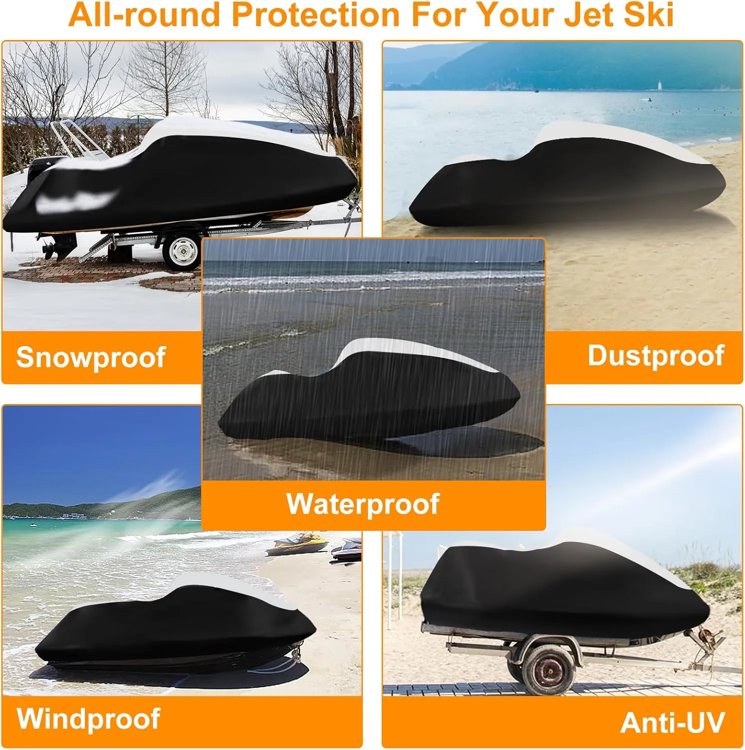 Waterproof Jet Ski Covers,Upgraded 420D Heavy Duty Motorboat Cover,2 Air Vent Marine Grade UV Resistant for Seadoo,Kawasaki,Waverunner Polaris from 126" to 135"(Silver Black)