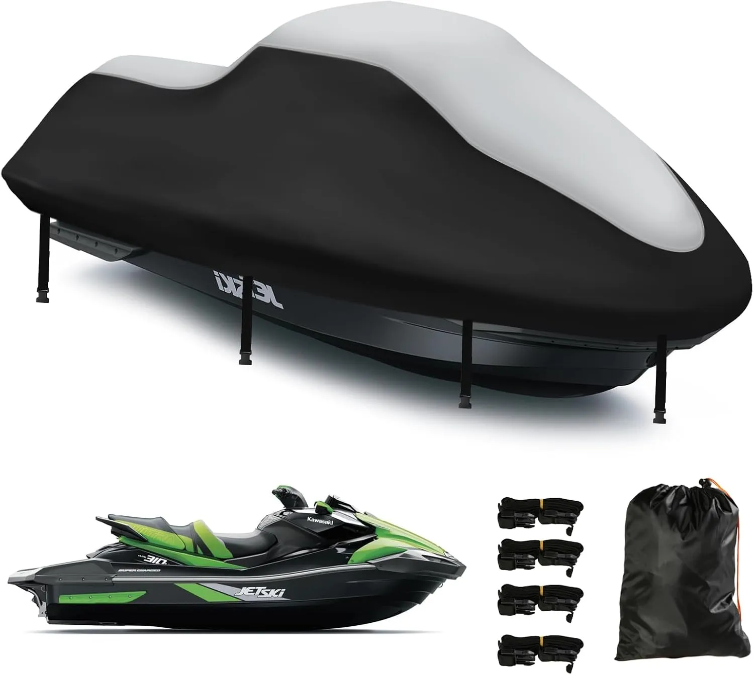 Waterproof Jet Ski Covers,Upgraded 420D Heavy Duty Motorboat Cover,2 Air Vent Marine Grade UV Resistant for Seadoo,Kawasaki,Waverunner Polaris from 126" to 135"(Silver Black)