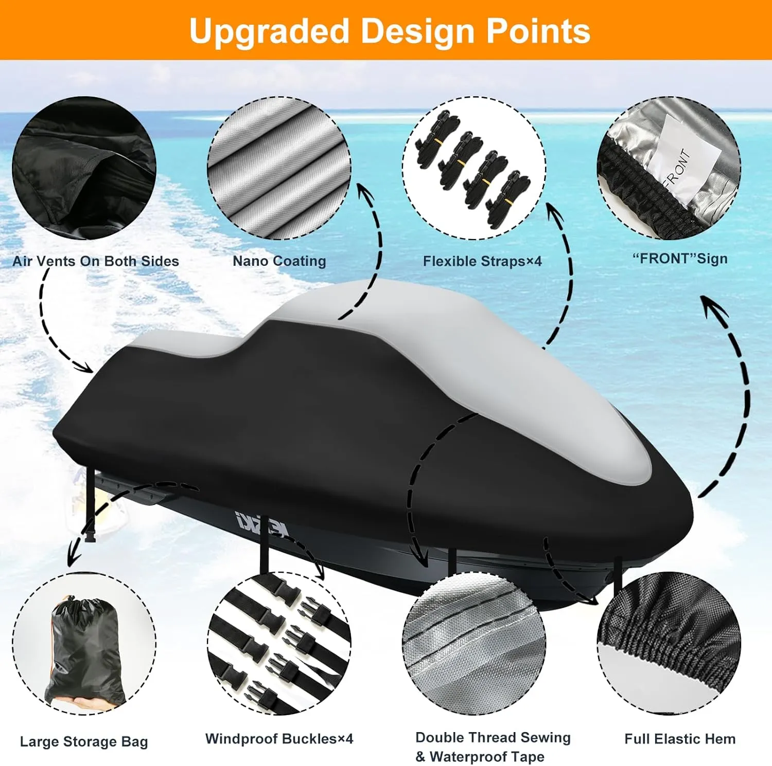 Waterproof Jet Ski Covers,Upgraded 420D Heavy Duty Motorboat Cover,2 Air Vent Marine Grade UV Resistant for Seadoo,Kawasaki,Waverunner Polaris from 126" to 135"(Silver Black)