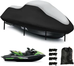 Waterproof Jet Ski Covers,Upgraded 420D Heavy Duty Motorboat Cover,2 Air Vent Marine Grade UV Resistant for Seadoo,Kawasaki,Waverunner Polaris from 126" to 135"(Silver Black)