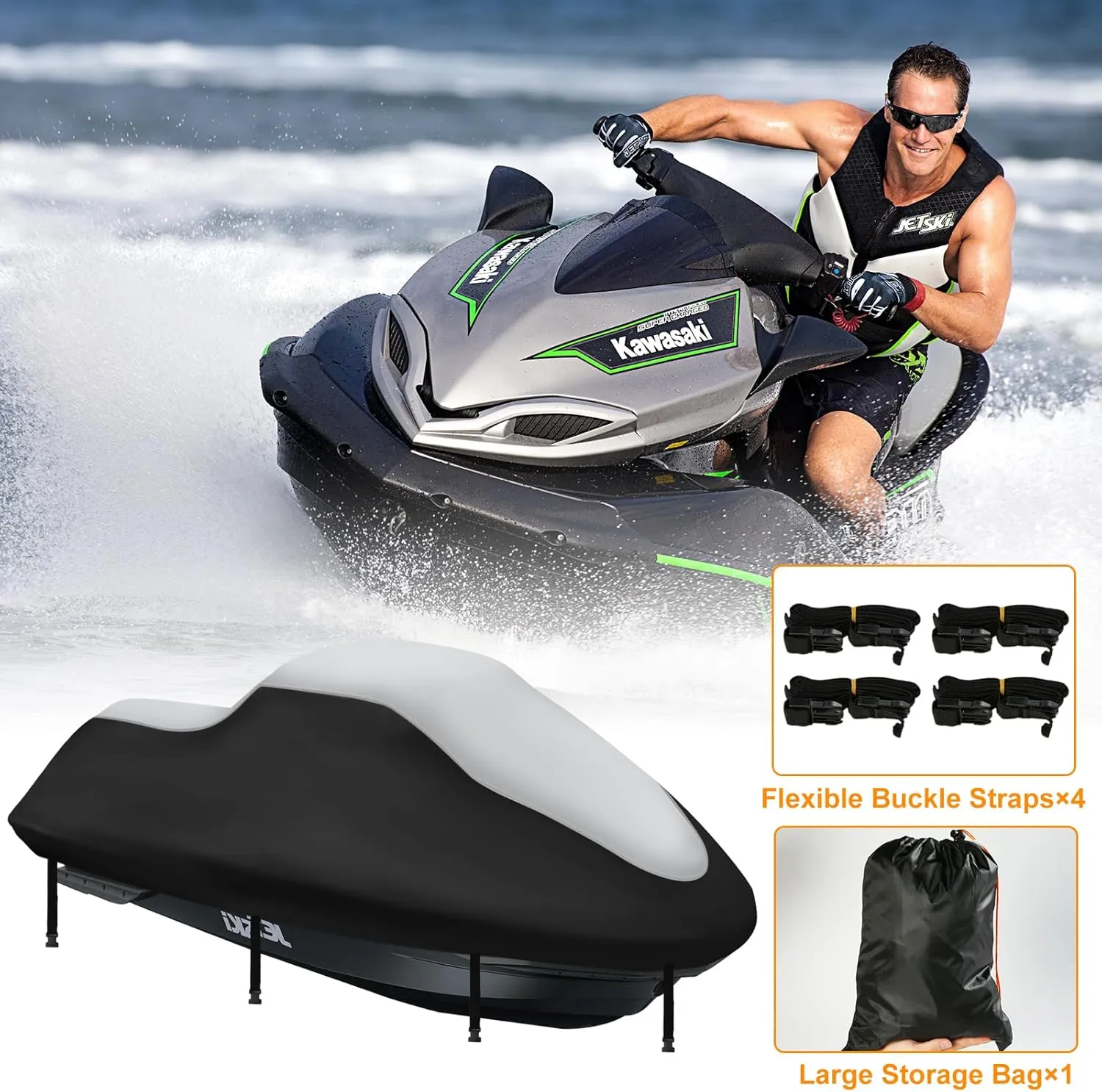 Waterproof Jet Ski Covers,Upgraded 420D Heavy Duty Motorboat Cover,2 Air Vent Marine Grade UV Resistant for Seadoo,Kawasaki,Waverunner Polaris from 126" to 135"(Silver Black)