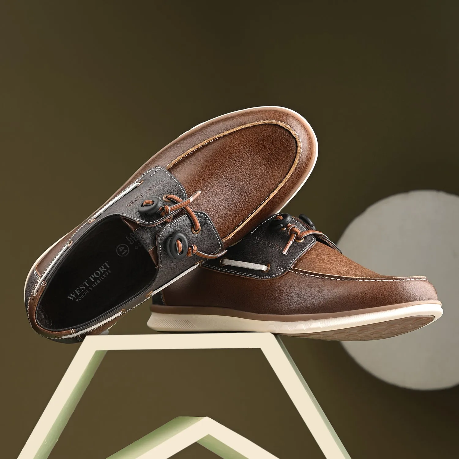 West Port Men Premium Leather Boat Shoes (Fascinate-66-Tan-Grey)