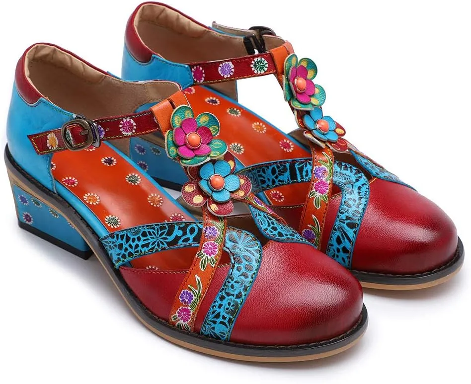 Women Leather Block Heel Pumps Oxford Dress Shoes Exotic Vintage Bohemian Mary Jane Shoes