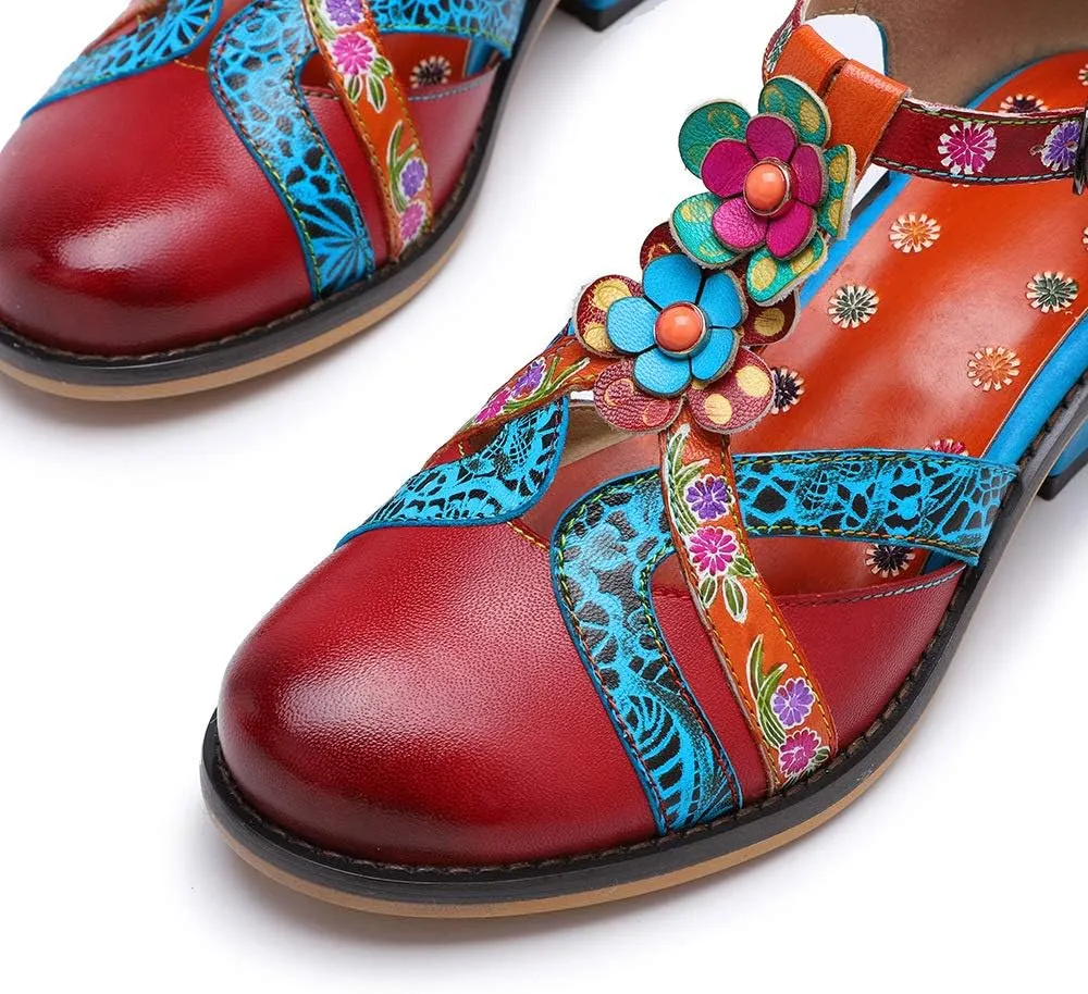 Women Leather Block Heel Pumps Oxford Dress Shoes Exotic Vintage Bohemian Mary Jane Shoes