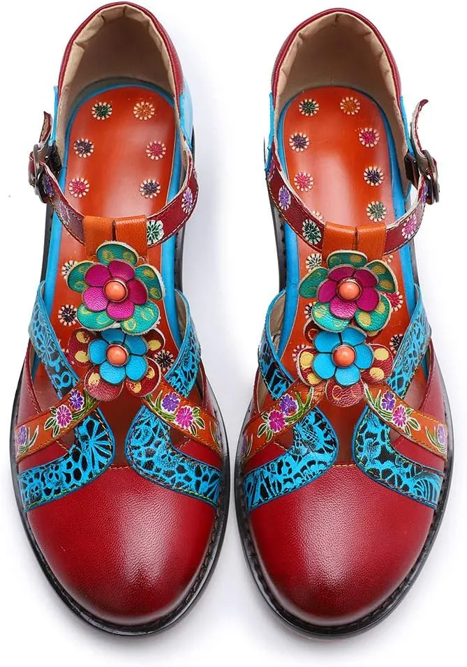 Women Leather Block Heel Pumps Oxford Dress Shoes Exotic Vintage Bohemian Mary Jane Shoes