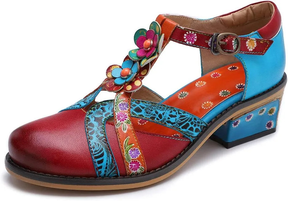 Women Leather Block Heel Pumps Oxford Dress Shoes Exotic Vintage Bohemian Mary Jane Shoes