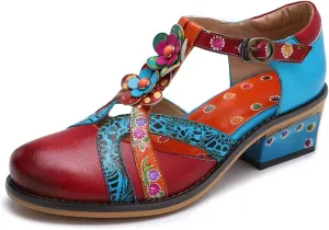 Women Leather Block Heel Pumps Oxford Dress Shoes Exotic Vintage Bohemian Mary Jane Shoes