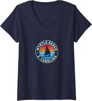 Womens Myrtle Beach South Carolina SC Vintage Sailboat Retro 70s V-Neck T-Shirt