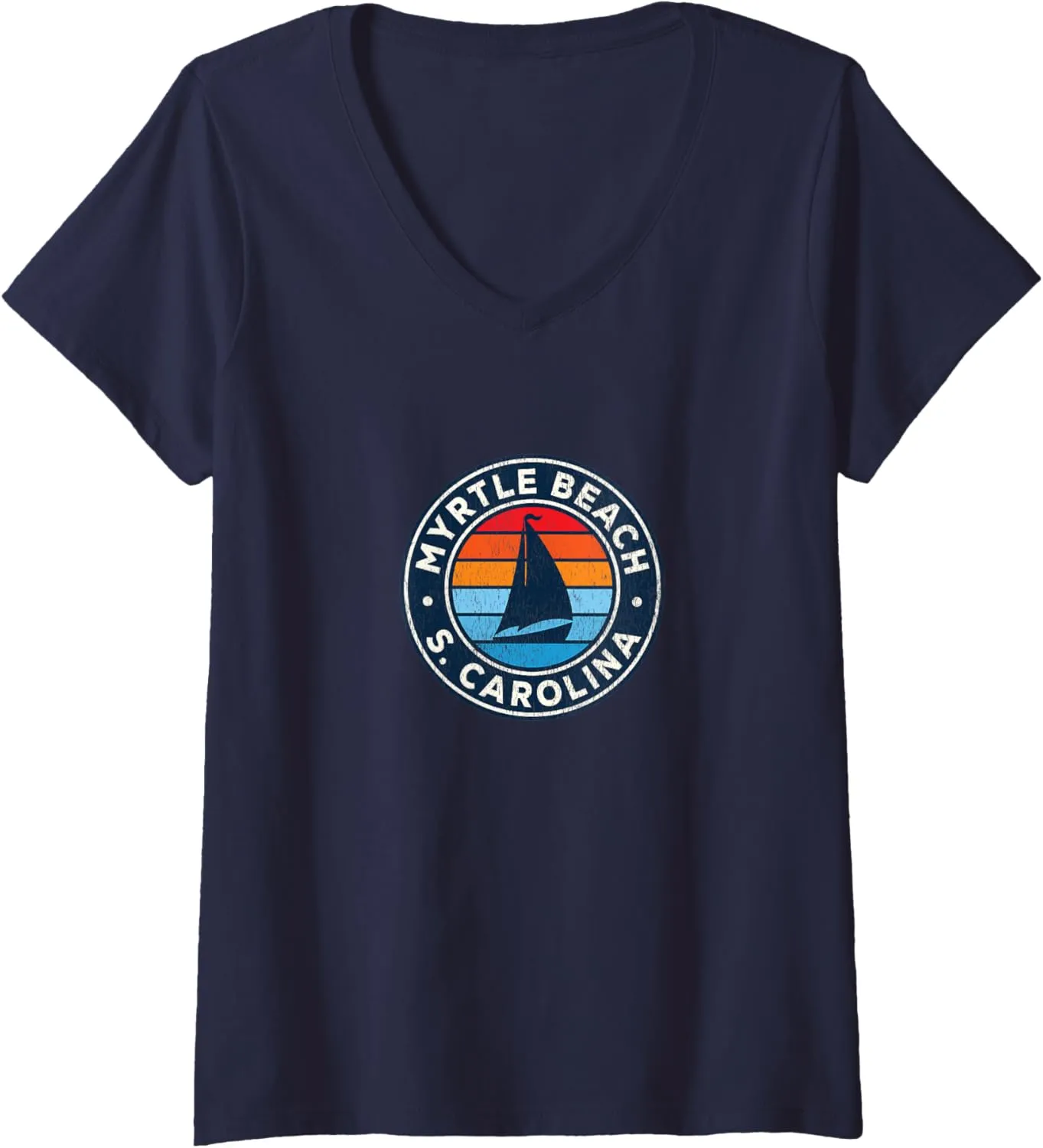 Womens Myrtle Beach South Carolina SC Vintage Sailboat Retro 70s V-Neck T-Shirt