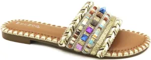 Womens Open Round Toe Beaded Slides Flat Sandal Flare-01