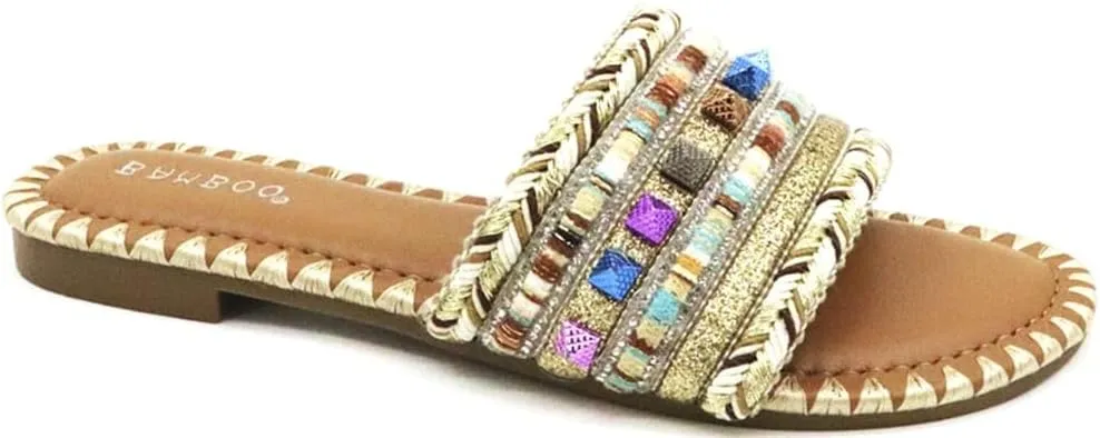 Womens Open Round Toe Beaded Slides Flat Sandal Flare-01