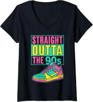 Womens Straight Outta The 90s Retro Fashion Nostalgic Sneaker Art V-Neck T-Shirt