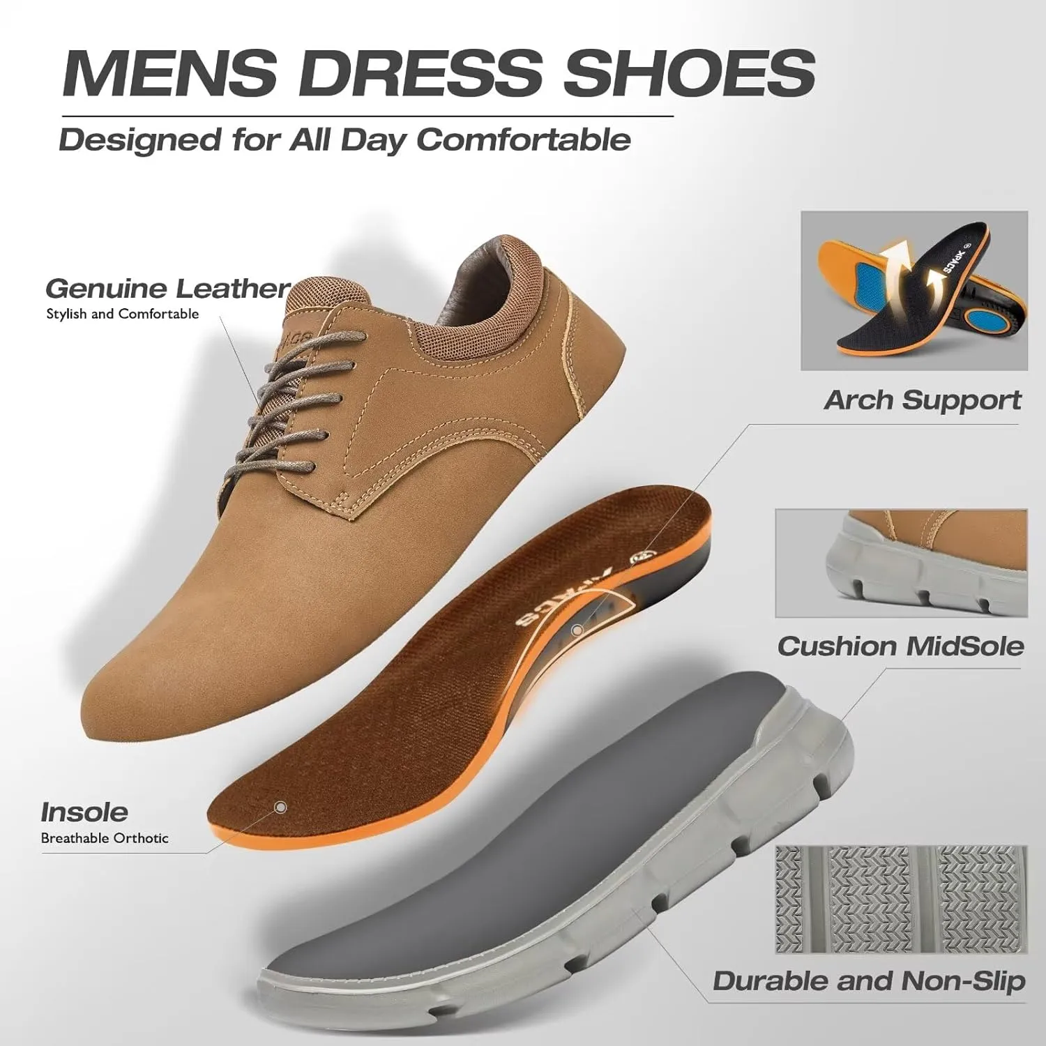 XPACS Men's Orthopedic Leather Dress Walking Shoes: Comfortable Arch Support Orthotic Plantar Fasciitis Business Casual Oxford, Flat Feet Formal Tennis Work Shoes for Foot and Heel Pain Relief