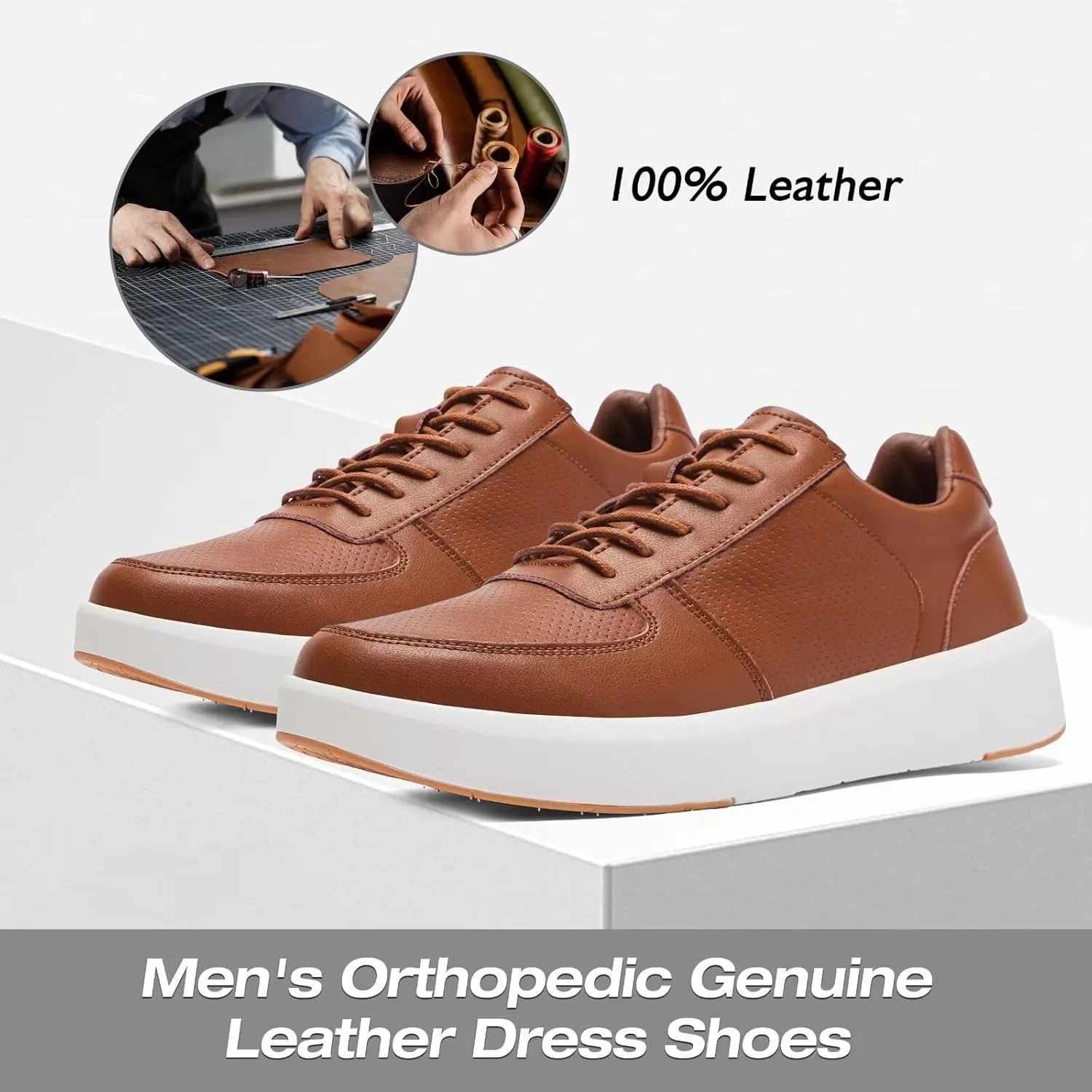 XPACS Men's Orthopedic Leather Dress Walking Shoes: Comfortable Arch Support Plantar Fasciitis Flat Feet Sneakers, Casual Business Work Adjustable Fit Heel Foot Pain Relief Orthotic Oxfords