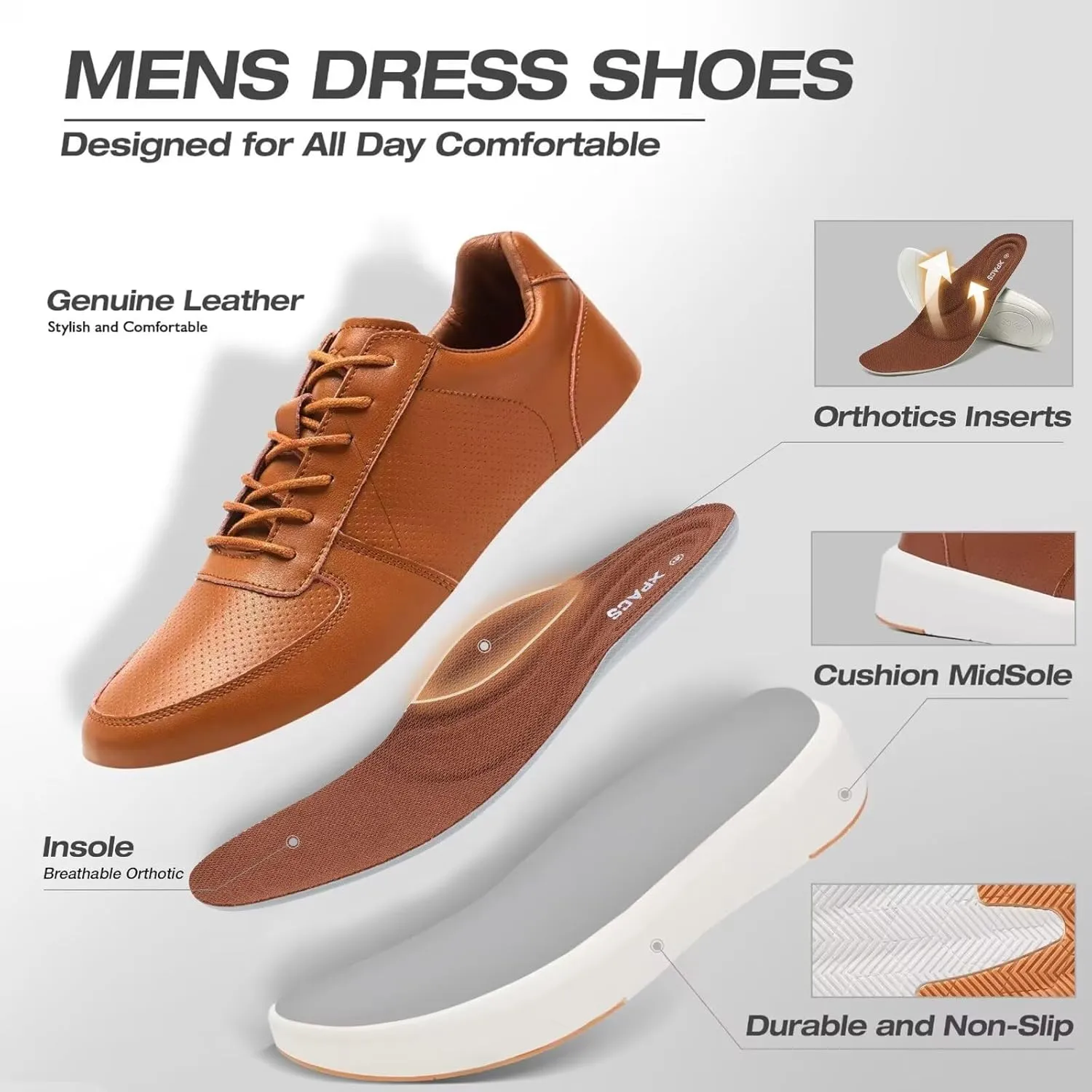 XPACS Men's Orthopedic Leather Dress Walking Shoes: Comfortable Arch Support Plantar Fasciitis Flat Feet Sneakers, Casual Business Work Adjustable Fit Heel Foot Pain Relief Orthotic Oxfords