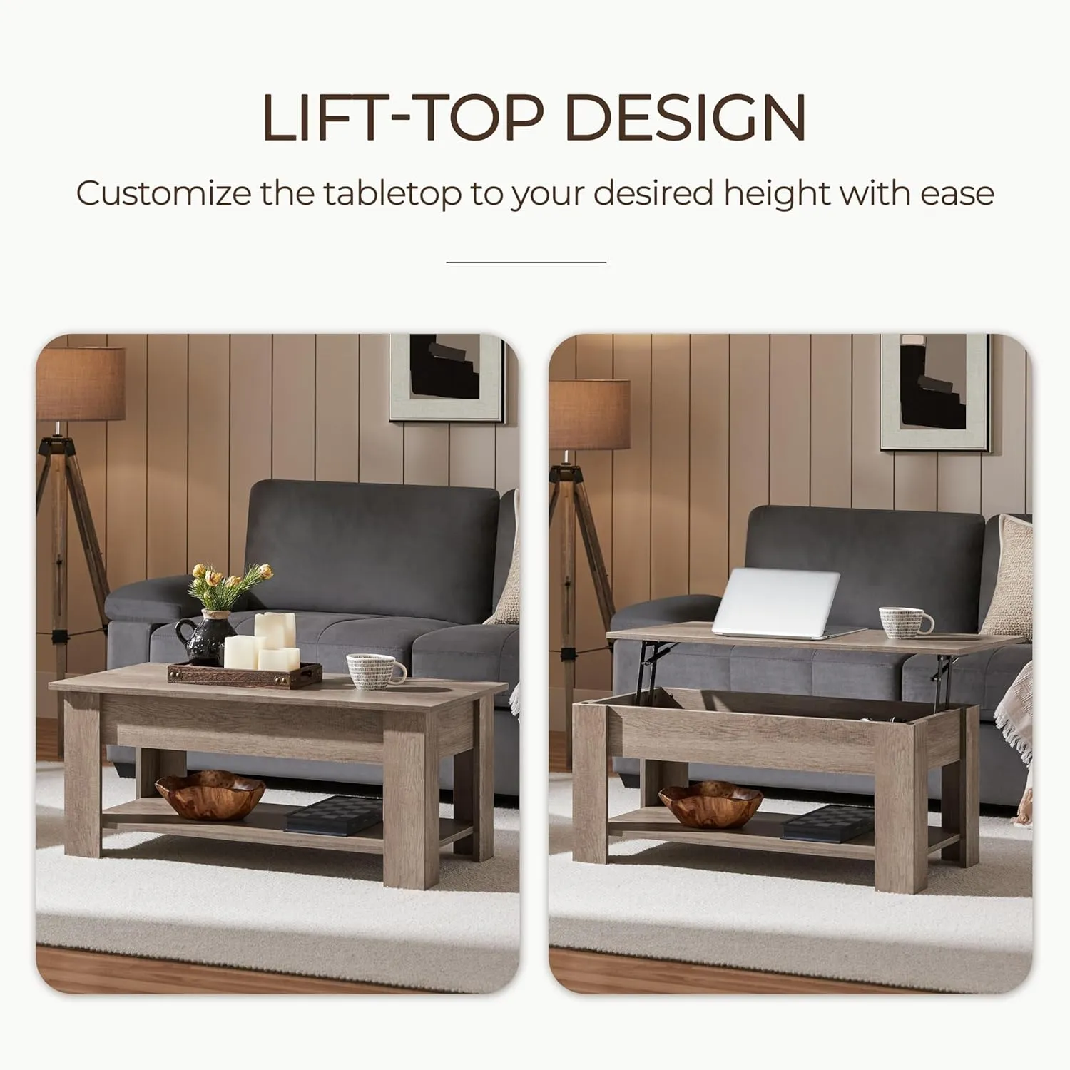 Yaheetech Lift Top Coffee Table with Hidden Compartment and Storage Shelf, Rising Tabletop Dining Table for Living Room Reception Room, 38.6in L, Grey
