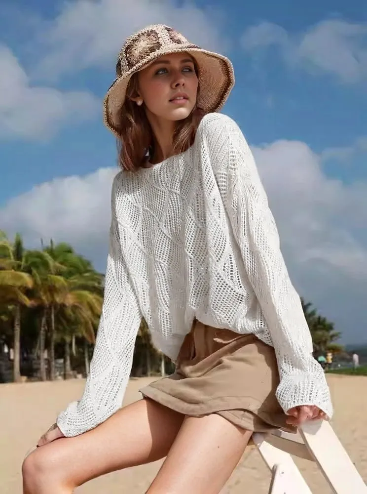 Zeagoo Crochet Tops for Women Off The Shoulder Sweaters Summer Long Sleeve Hollow Out Knit Beach Clothes S-XXL