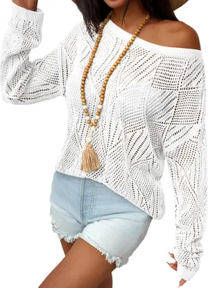 Zeagoo Crochet Tops for Women Off The Shoulder Sweaters Summer Long Sleeve Hollow Out Knit Beach Clothes S-XXL