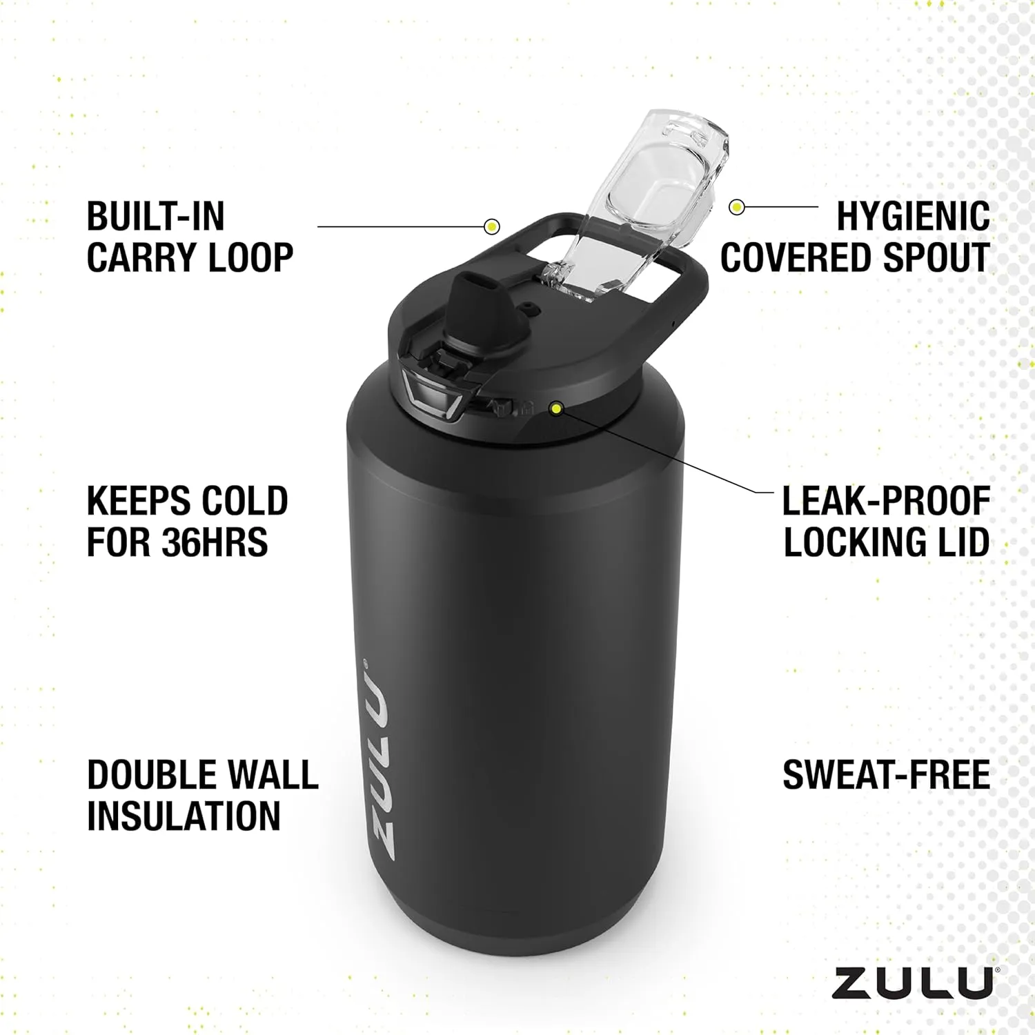ZULU Goals Vacuum Insulated Large Capacity Stainless Steel Water Bottle | Reusable Jug Thermoses with Carry Handle | Leak-Proof Lid | Perfect for Travel, Workout, Gym, Hiking, Camping | 64oz, 101oz